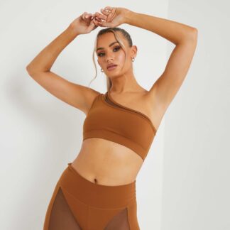 One Shoulder Mesh Insert Cropped Gym Top In Brown UK Small S, Brown