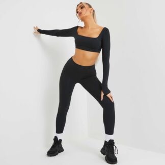 High Waist Seam Detail Gym Leggings In Black UK Large L, Black