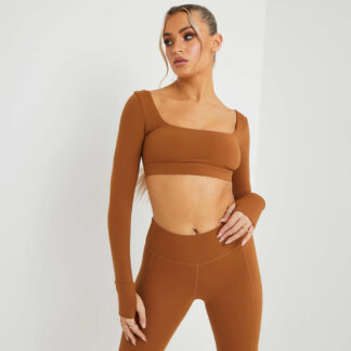 Long Sleeve Square Neck Cropped Gym Top In Brown UK Large L, Brown