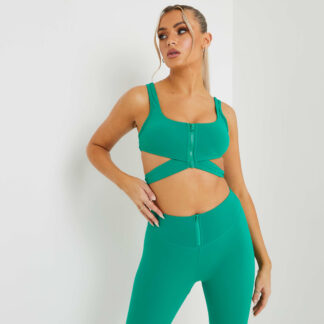 Zip Up Square Neck Cut Out Cross Strap Detail Sports Bra In Green UK Extra Large XL, Green