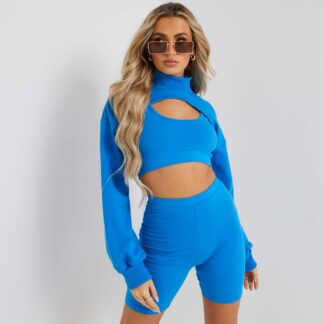 High Neck Long Sleeve Ultra Cropped Sweatshirt In Blue UK 10, Blue