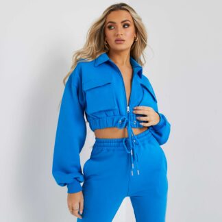 Zip Up Pocket Detail Long Sleeve Cropped Sweatshirt In Blue, Blue