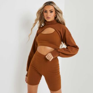 High Neck Long Sleeve Ultra Cropped Sweatshirt In Brown, Brown