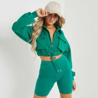 Zip Up Pocket Detail Long Sleeve Cropped Sweatshirt In Green UK 12, Green