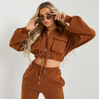 Zip Up Pocket Detail Long Sleeve Cropped Sweatshirt In Brown UK 10, Brown