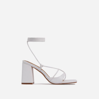 Take-Off Lace Up Square Toe Low Block Heel In White Faux Leather, White