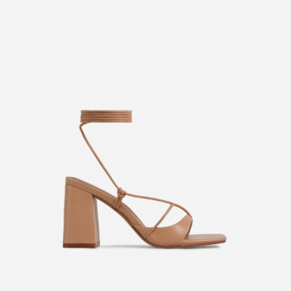 Take-Off Lace Up Square Toe Low Block Heel In Nude Faux Leather, Nude