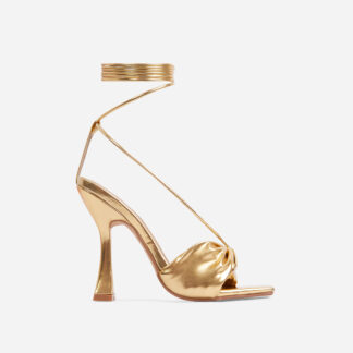 Stay-Sassy Twisted Detail Lace Up Square Peep Toe Curved Heel In Gold Faux Leather, Gold