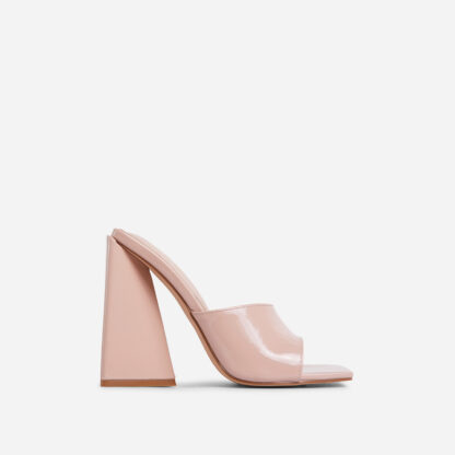 Avalon Square Peep Toe Sculptured Flared Block Heel Mule In Nude Patent, Nude