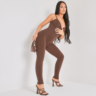 Knitted Strappy Jumpsuit In Brown UK Large L, Brown