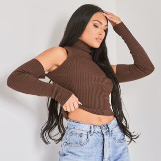 Knitted Sleeve Top In Dark Brown UK Large L, Brown