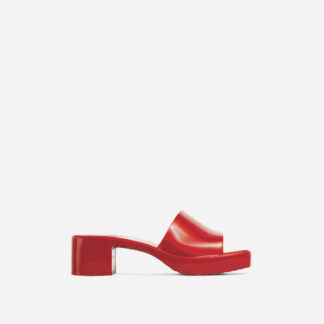 Rhea Square Peep Toe Platform Block Heel Mule In Red Rubber, Red