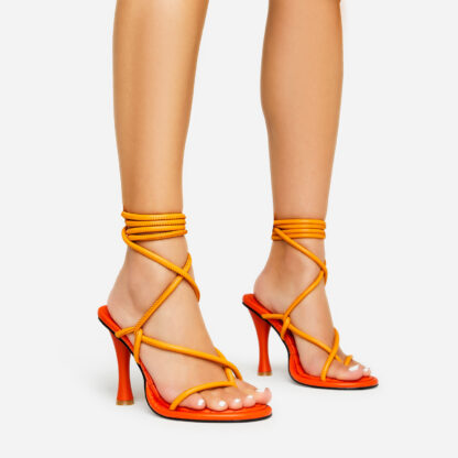 Gloaming Lace Up Quilted Insole Open Toe Sculptured Round Block Heel in Orange Faux Leather, Orange
