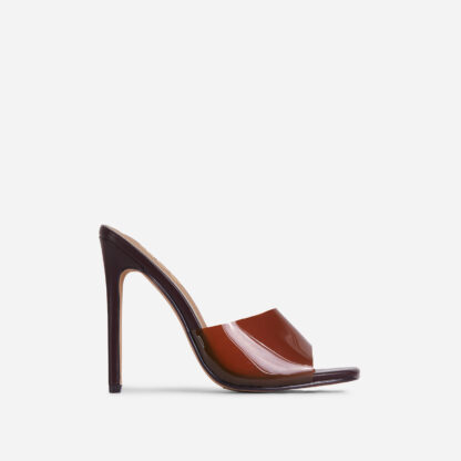 Cyan Square Peep Toe Perspex Heel Mule In Brown Patent, Brown