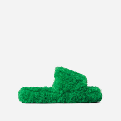 Fluffy Flat Slider Sandal In Green Faux Shearling, Green