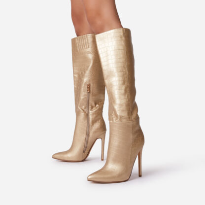 Rose Knee High Long Boot In Gold Croc Print Faux Leather, Gold