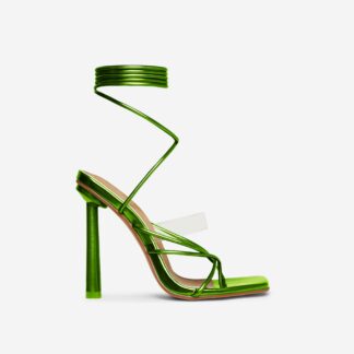 Growing Lace Up Perspex Strappy Square Toe Stiletto Heel In Green Metallic Faux Leather, Green