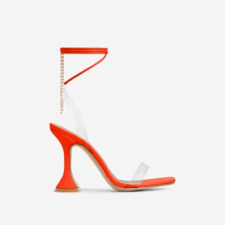 Dani Chain Detail Lace Up Clear Perspex Square Toe Low Sculptured Heel In Orange Faux Leather, Orange