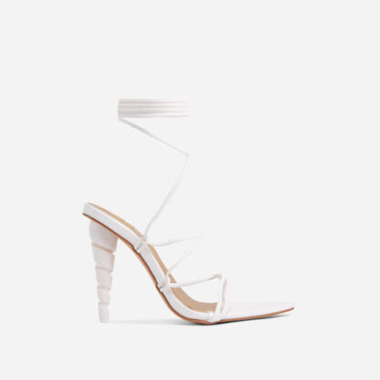 Reeza Strappy Lace Up Pointed Toe Twisted Heel In White Faux Leather, White