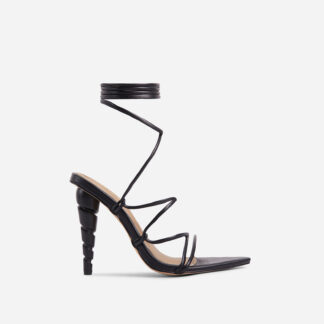 Reeza Strappy Lace Up Pointed Toe Twisted Heel In Black Faux Leather, Black