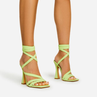 Hayley Lace Up Square Toe Flared Block Heel In Lime Green Chiffon, Green