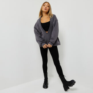 Long Sleeve Oversized Extreme V Neck Sweatshirt In Dark Grey UK 14, Grey