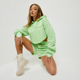 Long Sleeve Corset Seam Detail Cropped Hoodie In Lime Green, Green