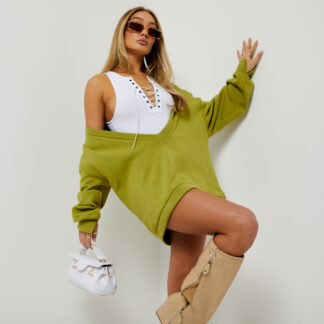 Long Sleeve Oversized Extreme V Neck Sweatshirt In Olive Green UK 14, Green