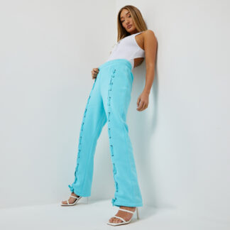 High Waist Lace Up Wide Leg Jogger In Blue UK 10, Blue