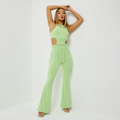 High Waist Ruched Detail Flared Trousers In Lime Green Slinky UK 10, Green