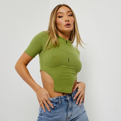 Short Sleeve Seam And Zip Detail Corset Crop T-shirt In Olive Green Brushed Rib, Green