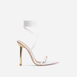 Lorie Lace Up Pointed Toe Metallic Heel In White Faux Leather, White