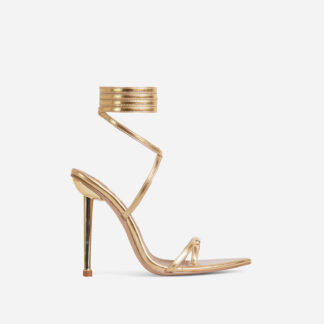 Lorie Lace Up Pointed Toe Metallic Heel In Gold Faux Leather, Gold