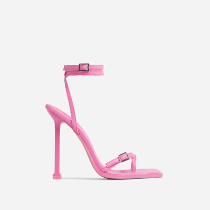 Party-Hardy Barely There Buckle Detail Square Toe Heel In Pink Faux Leather, Pink