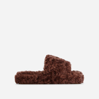 Fluffy Flat Slider Sandal In Dark Brown Faux Shearling, Brown