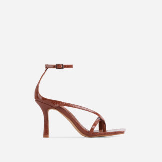 Eve Square Toe Strappy Heel In Tan Brown Croc Print Patent, Brown