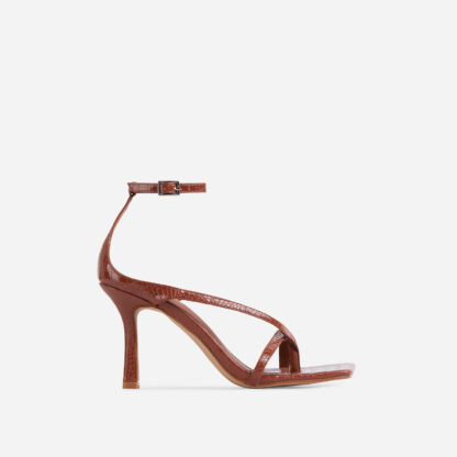 Eve Square Toe Strappy Heel In Tan Brown Croc Print Patent, Brown