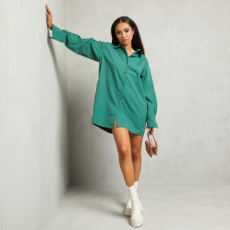 Oversized Cuff Poplin Shirt Dress In Green UK Medium/Large M/L, Green