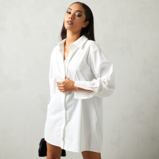 Oversized Cuff Poplin Shirt Dress In White UK Small/Medium S/M, White