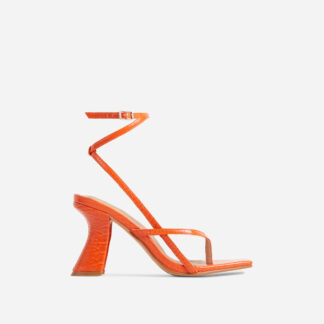 Matteo Strappy Square Toe Curved Low Block Heel In Orange Croc Print Faux Leather, Orange