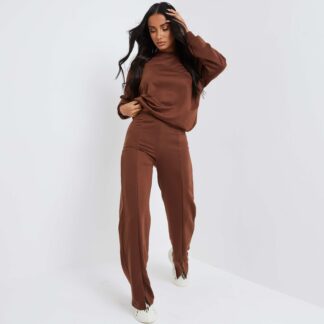 Wide Leg Split Joggers In Brown, Brown