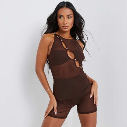 Mesh Cut Out Playsuit In Dark Brown UK 14, Brown