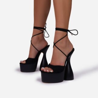 Bite-Me Lace Up Peep Toe Platform Statement Heel In Black Faux Suede, Black