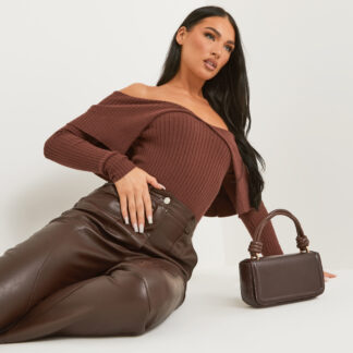 Long Sleeve Bardot Top In Chocolate Brown Knit UK, Brown