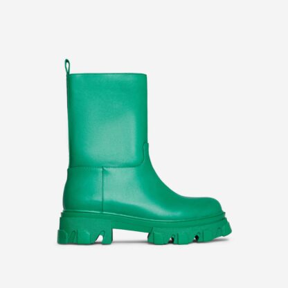 Fayre Chunky Sole Ankle Biker Boot In Green Faux Leather, Green