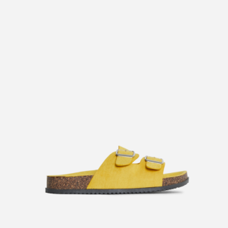 Claudia Double Strap Flat Sandals In Yellow Faux Suede, Yellow