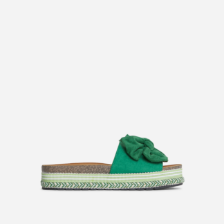 Vic Bow Detail Flat Slider Sandals In Green Faux Suede, Green