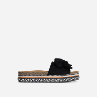 Vic Bow Detail Flat Slider Sandals In Black Faux Suede, Black