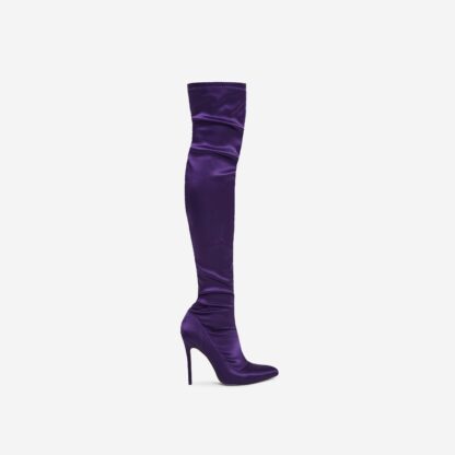 Hoola Pointed Toe Over The Knee Thigh High Long Sock Boot In Purple Satin, Purple