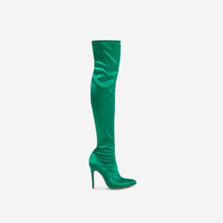 Hoola Pointed Toe Over The Knee Thigh High Long Sock Boot In Dark Green Satin, Green